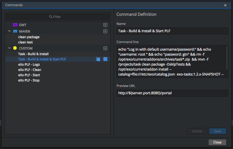 Useful custom commands on eXo tasks add-on